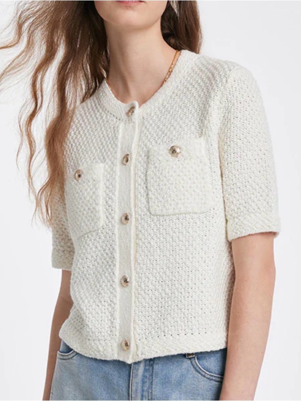 GOELIA Openwork Round Neck Knitted Women Cardigan Sweater White Size Small S NEW